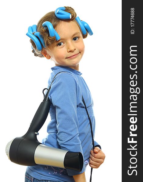 Little girl posing with hair dryer isolated on white