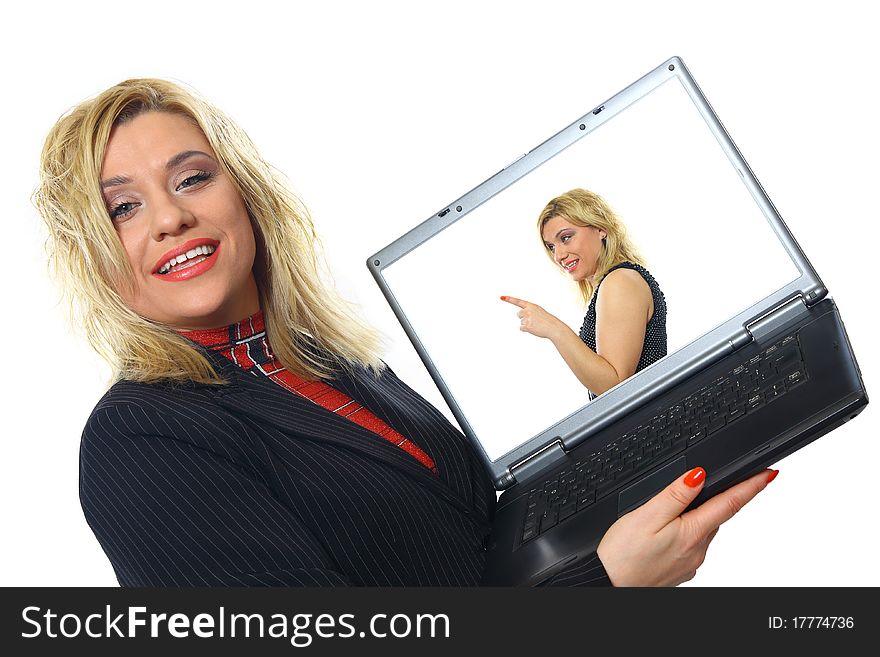 Businesswoman with laptop computer isolated on white. Businesswoman with laptop computer isolated on white