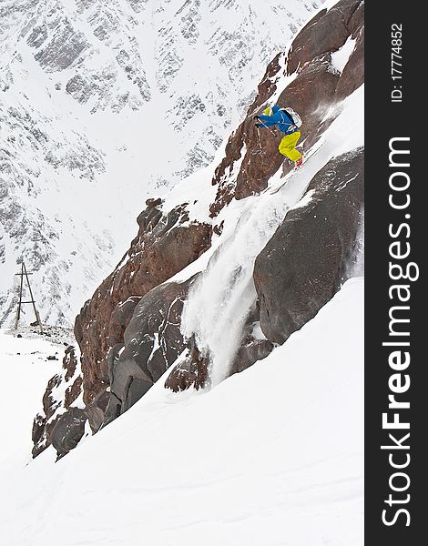 Freeride in Caucasus mountains, winter. Freeride in Caucasus mountains, winter