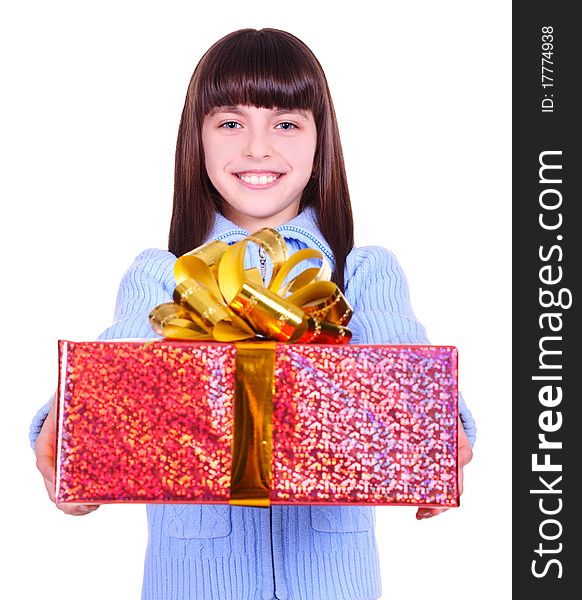 Beautiful smiling girl with a gift. isolated on white. Beautiful smiling girl with a gift. isolated on white