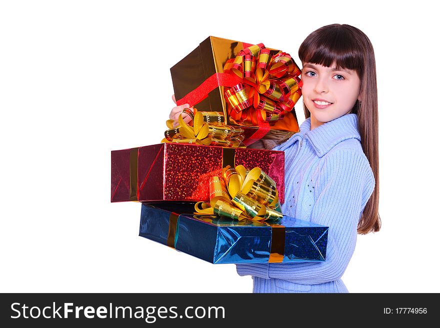 Beautiful smiling girl with a gift. isolated on white. Beautiful smiling girl with a gift. isolated on white