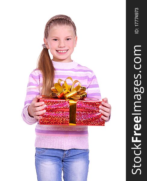 Beautiful smiling girl with a gift. isolated on white. Beautiful smiling girl with a gift. isolated on white