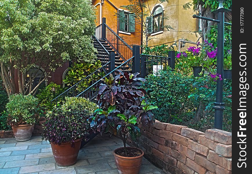 Black Steel stair in garden High Dynamic Range Image style