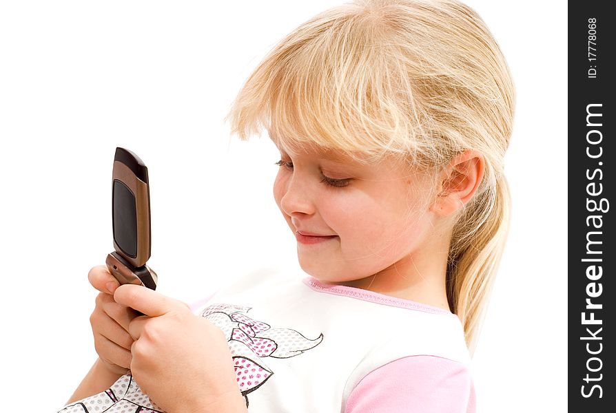 Girl looking at mobile phone, a white background