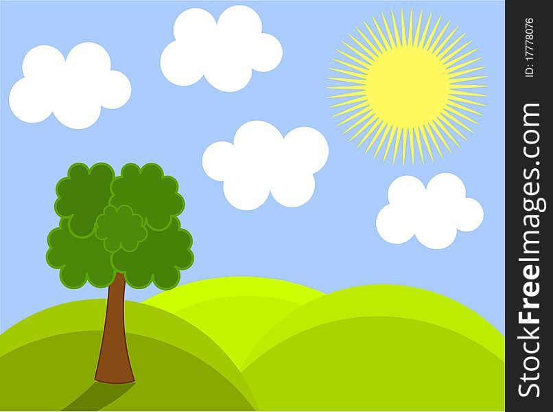 Spring landscape with sunny hills. Vector illustration