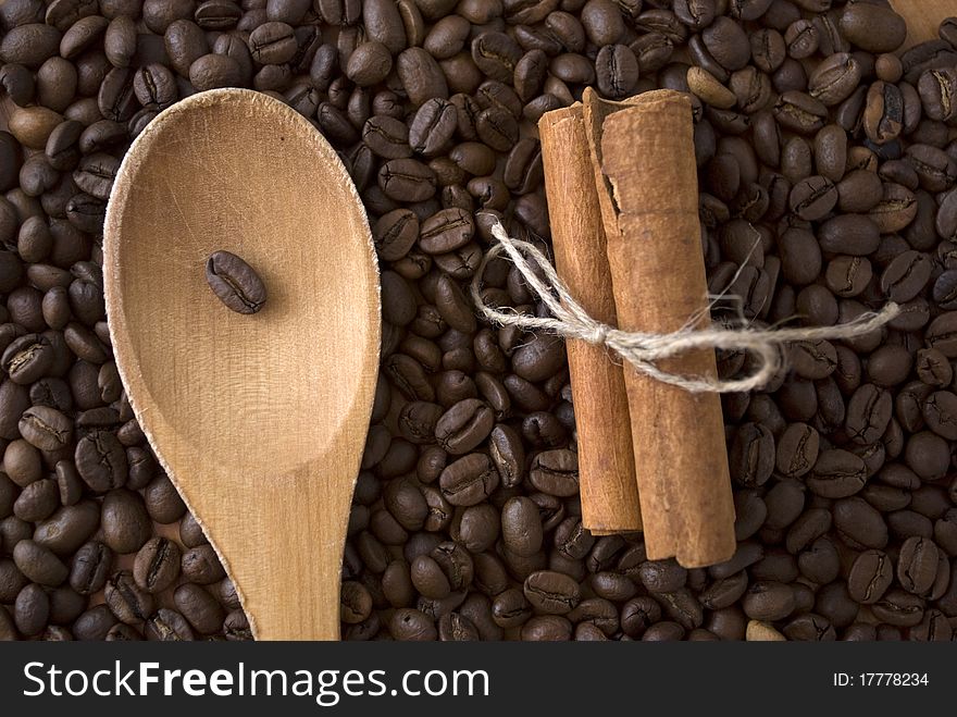 coffee beans and cinnamon sticks