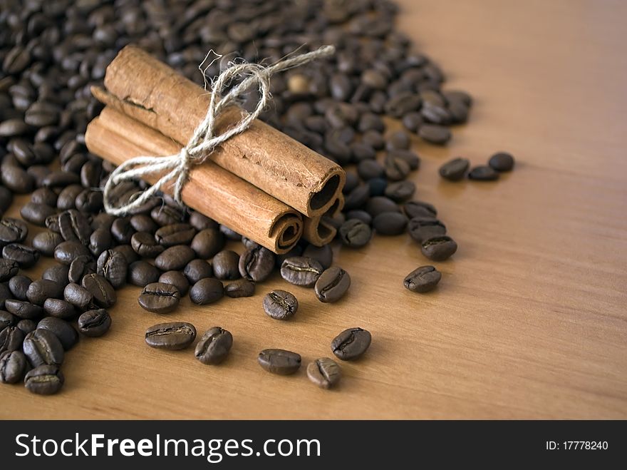 coffee beans and cinnamon sticks