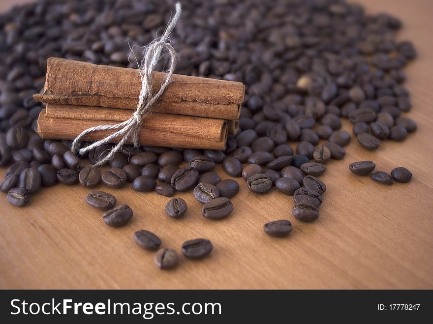 coffee beans and cinnamon sticks