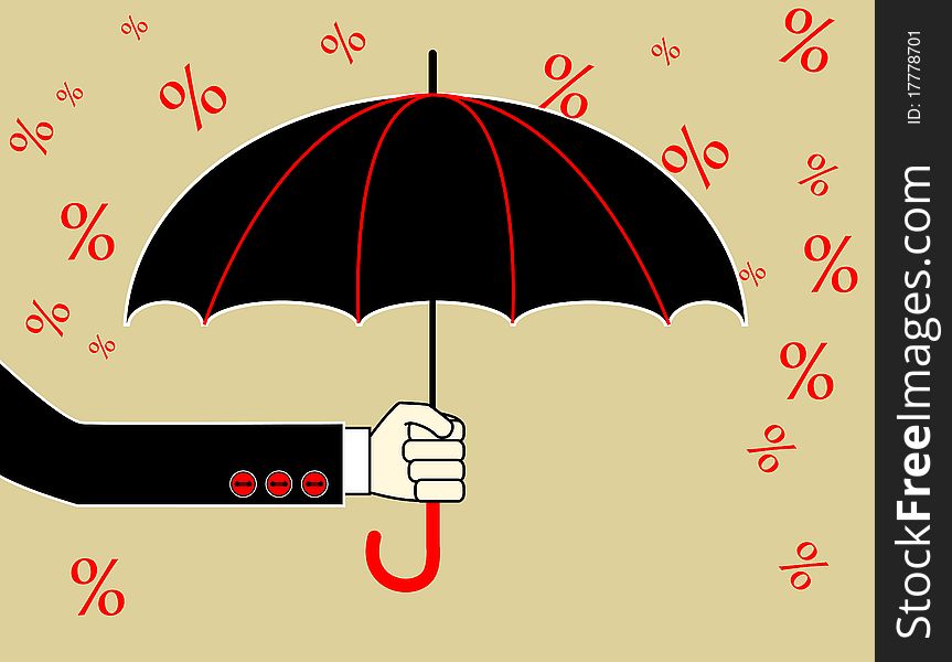 Concept business art. Hand with umbrella and percent rain