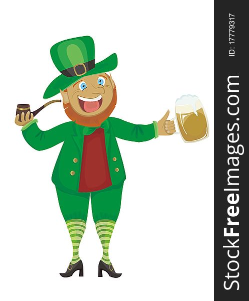 Leprechaun with a pipe and beer isolated on a white background. Leprechaun with a pipe and beer isolated on a white background