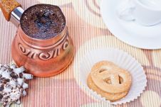 Turkish Coffee In Copper Coffee Pot With Cookies Stock Photography