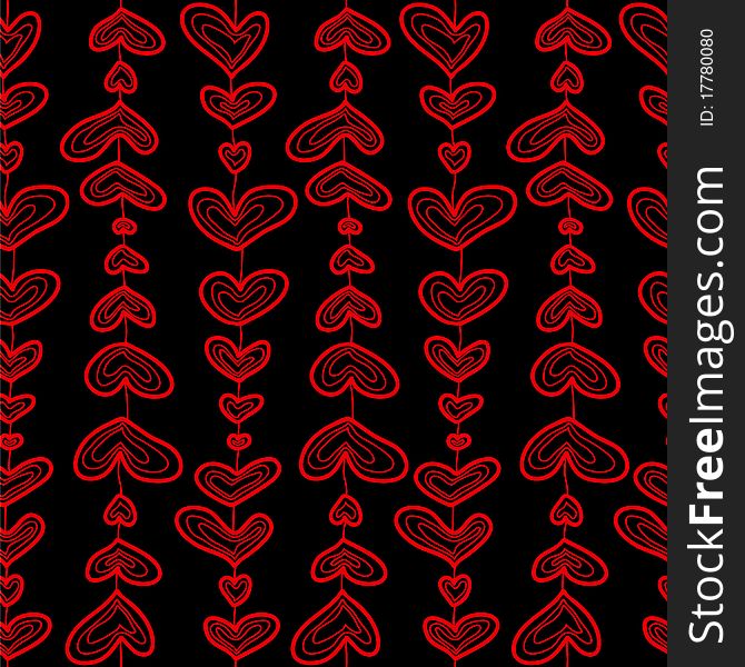 Seamless sketch hearts pattern. Vector background. Red on the black.