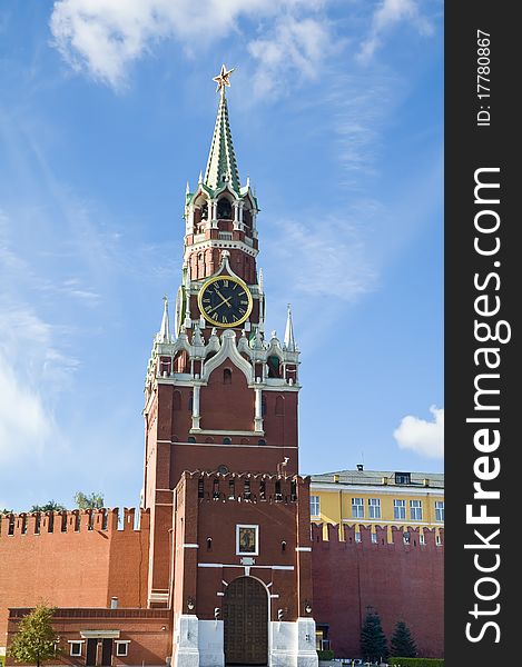 Closeup of Spasskaya tower of Moscow Kremlin Russia