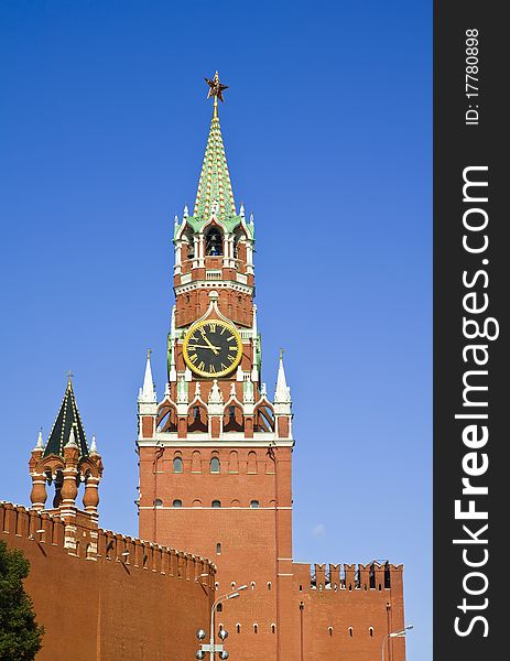 Closeup of Spasskaya tower of Moscow Kremlin Russia