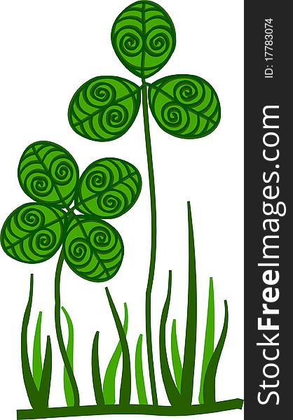 Fresh green clover plants with spiral motif in the grass. Fresh green clover plants with spiral motif in the grass.