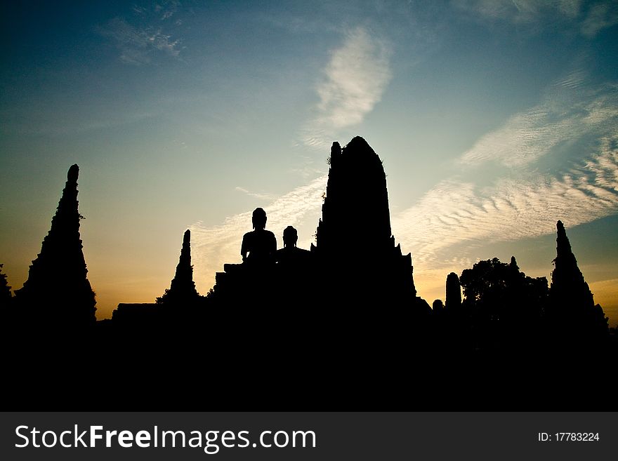 Silhouette of wat chaiwattanaram at Sunset