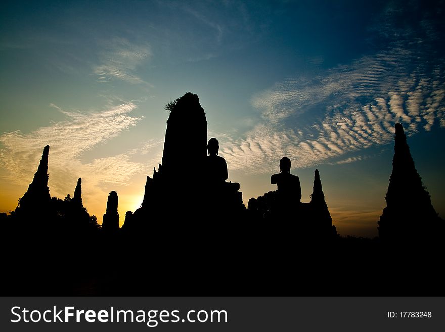 Silhouette Of Wat Chaiwattanaram At Sunset