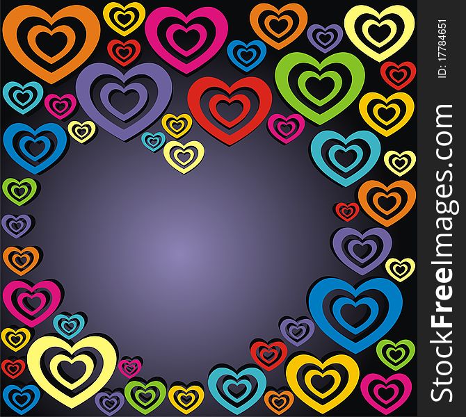 Heart consist of colorful hearts on black background. Vector illustration