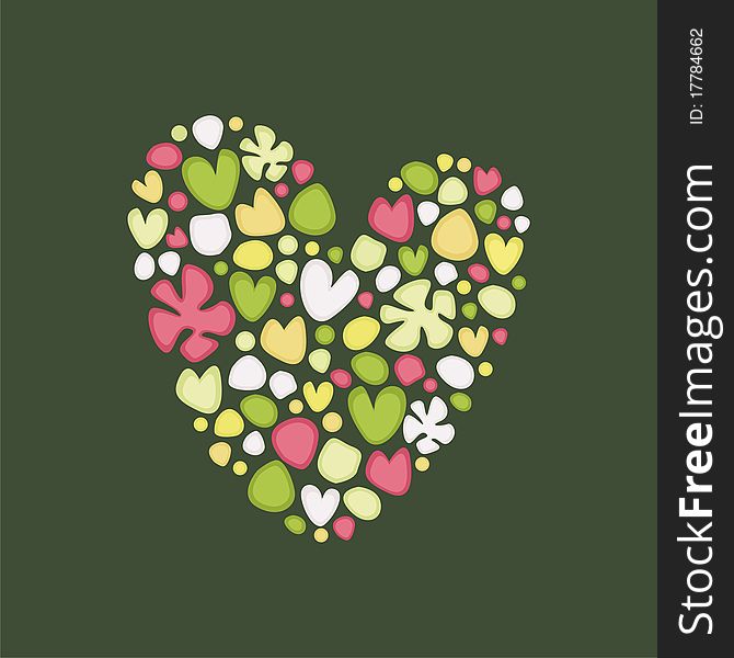Heart consist of colorful patterns on green background. Vector illustration. Heart consist of colorful patterns on green background. Vector illustration