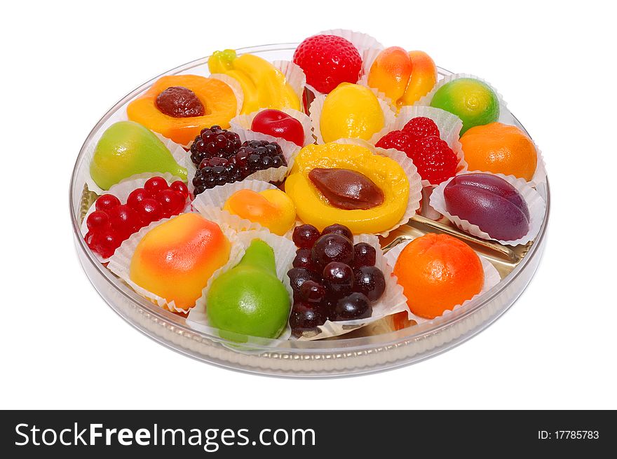 Box of candies from marmalade isolated over white