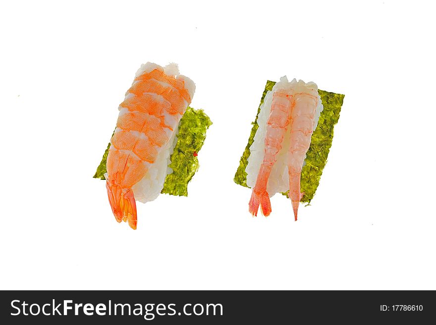 Japanese rice sushi with raw prawns