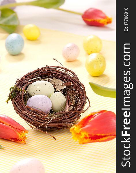 Colorful painted Easter eggs blue, pink, yellow Painted Colorful in birds nest decorated with spring tulips flowers on a pastel background