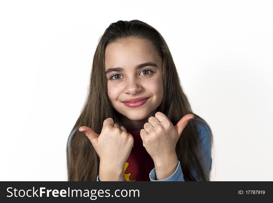 The beautiful girl lovely smiles, a long flowing hair, paintbrushes of hands, a white background. The beautiful girl lovely smiles, a long flowing hair, paintbrushes of hands, a white background