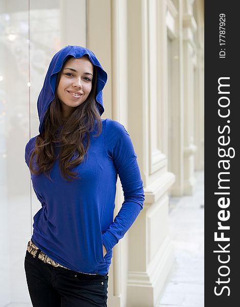 The Happy Young Woman In Brightly Dark Blue Hood S