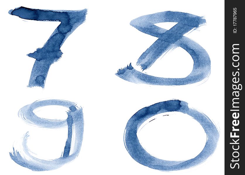 Grunge handwritten ink alphabet, isolated on white background. Numbers 7890. Grunge handwritten ink alphabet, isolated on white background. Numbers 7890