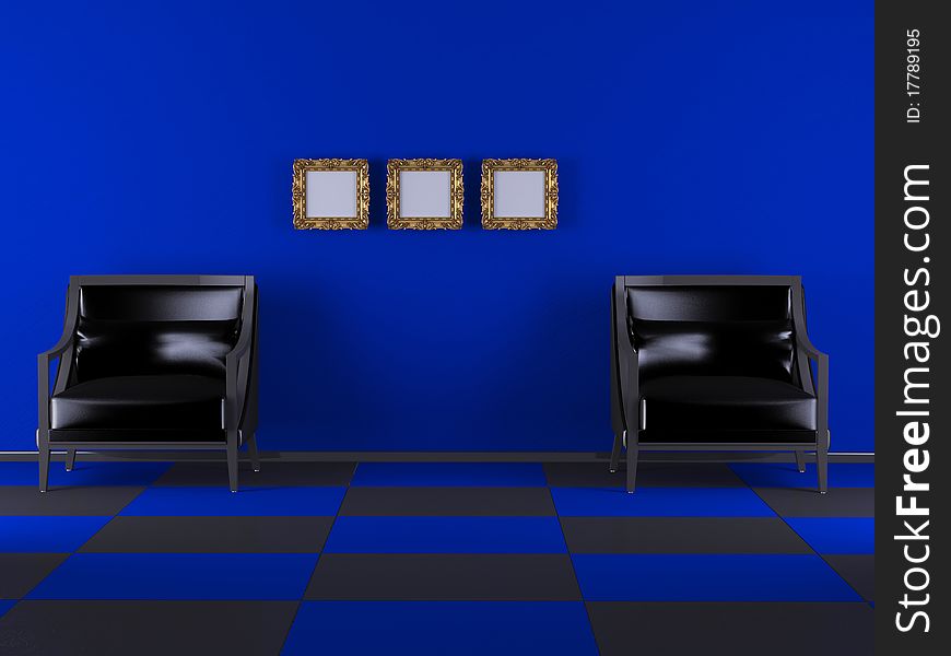 Interior design of Luxury living room, two armchairs and three classic frames on the wall, rendering