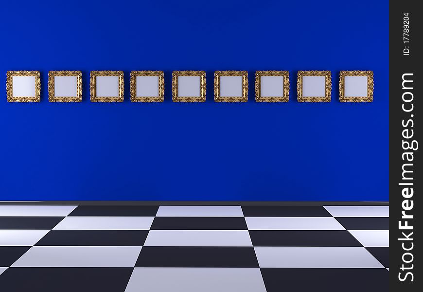 Modern interior design of hall, classic frames in a row in front of blue wall, rendering