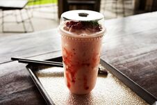 Strawberry Yogurt Frappe In Plastic Cup At Cafe Coffee Shop Stock Images