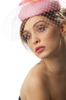 Woman In Pink Bonnet With Voile Stock Photos