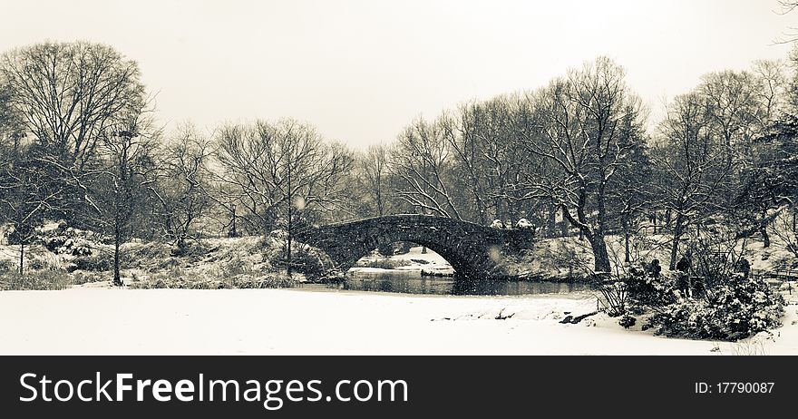 Winter snow in Central Park New York City at the Gapstow bridge. Winter snow in Central Park New York City at the Gapstow bridge
