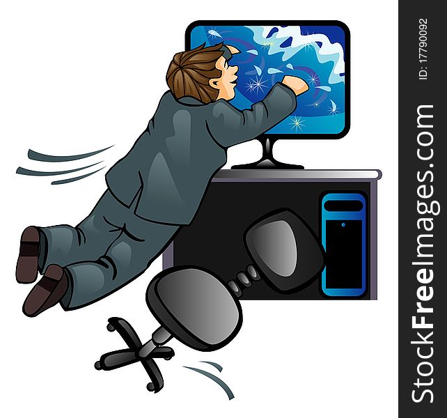 The person in a suit jumps from office in the sea which is displayed on the monitor. The person in a suit jumps from office in the sea which is displayed on the monitor