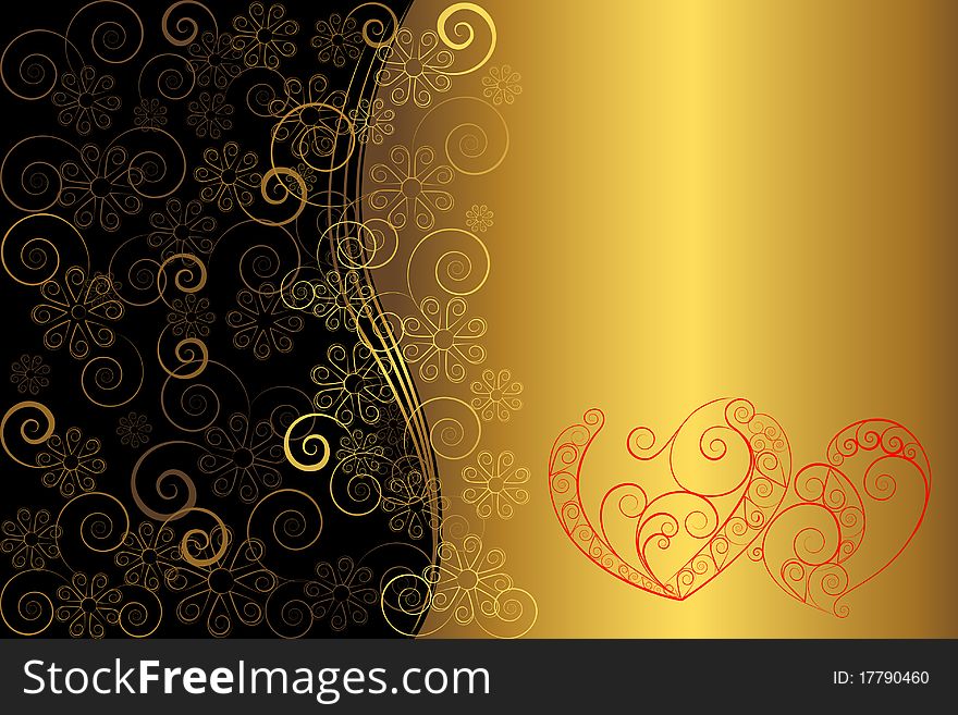 Two ornate delicate hearts on a flower background. Two ornate delicate hearts on a flower background.