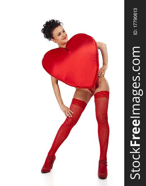 Young woman in Heart suit over white. Young woman in Heart suit over white