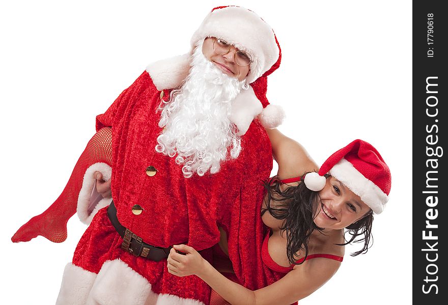 Portrait of Santa Claus with girl in Santa hat. Isolated on white. Portrait of Santa Claus with girl in Santa hat. Isolated on white.