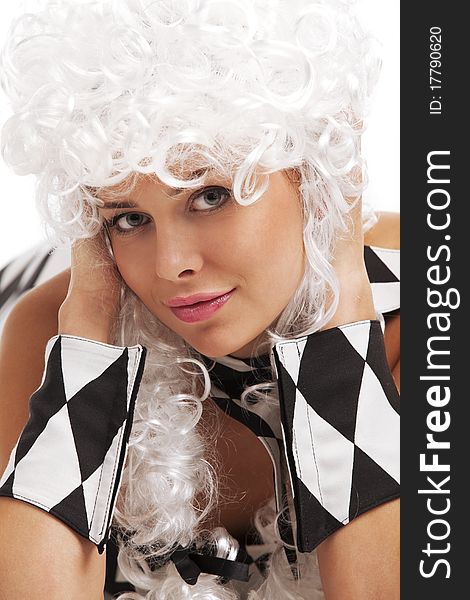 Female in chess Queen suit over white  background