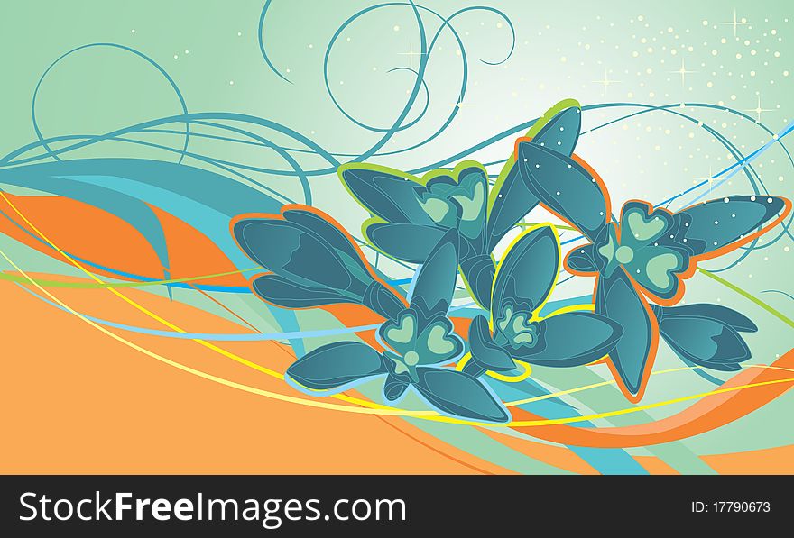 Vector illustration of colorful composition contains snowdrops and curved lines.