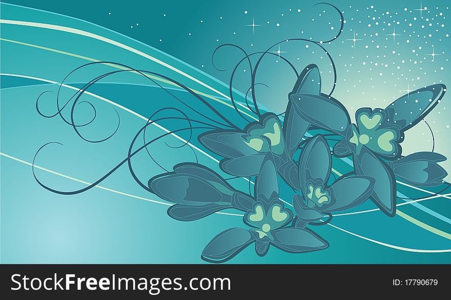 Vector illustration of composition contains snowdrops and curved lines.