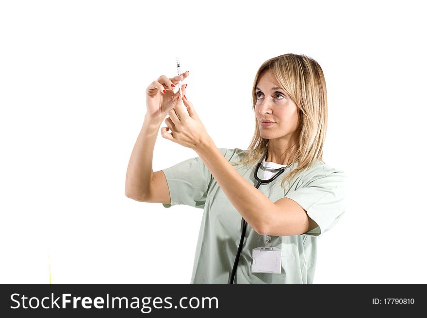 Smiling confident medical staff holding a syringe. Smiling confident medical staff holding a syringe