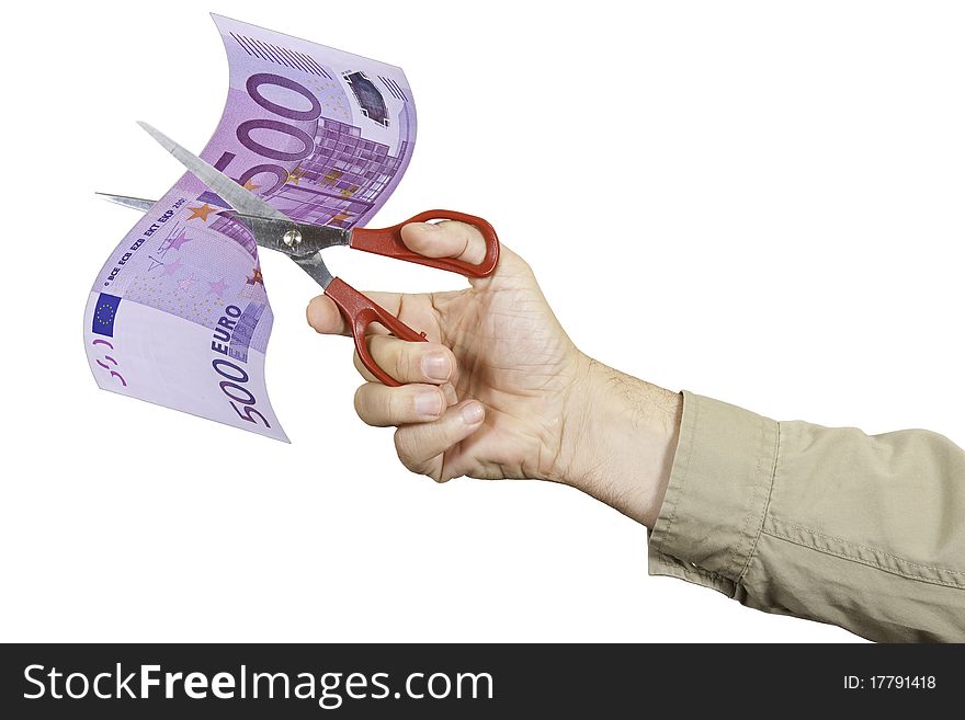 This image shows a banknote 500 euro cut scissors. Indicates the currency devaluation.