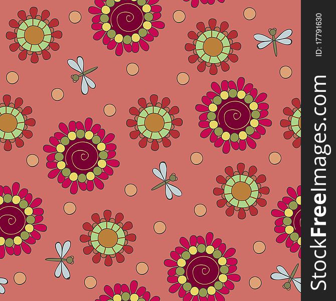 Floral seamless wallpaper with dragonflies