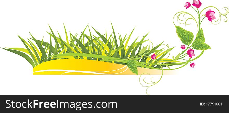 Grass and sprig with pink flowers. Illustration