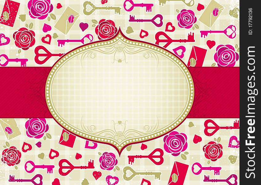 Beige valentine background with pink and red hearts and roses, illustration