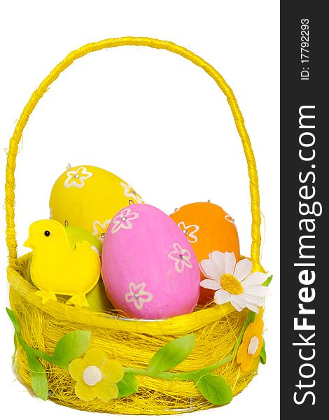 Easter varicoloured eggs in a small basket on a white background. Easter varicoloured eggs in a small basket on a white background