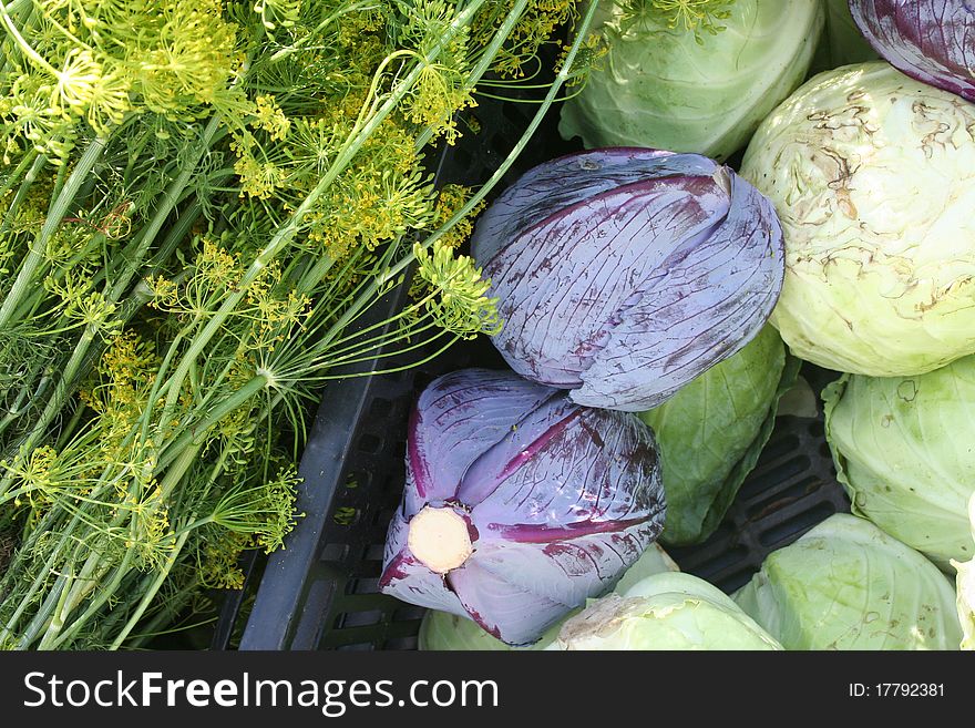 Fresh cabbage and herbs at market