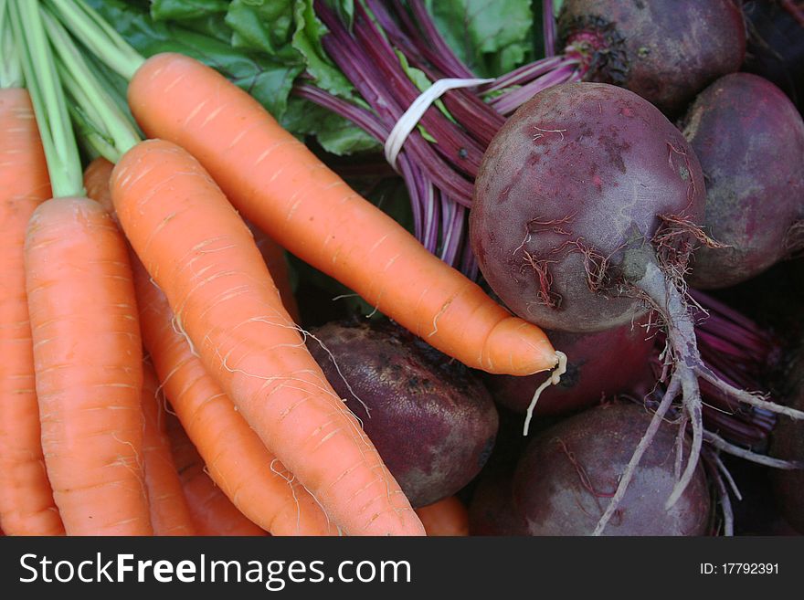 Bunches of carrots and beets