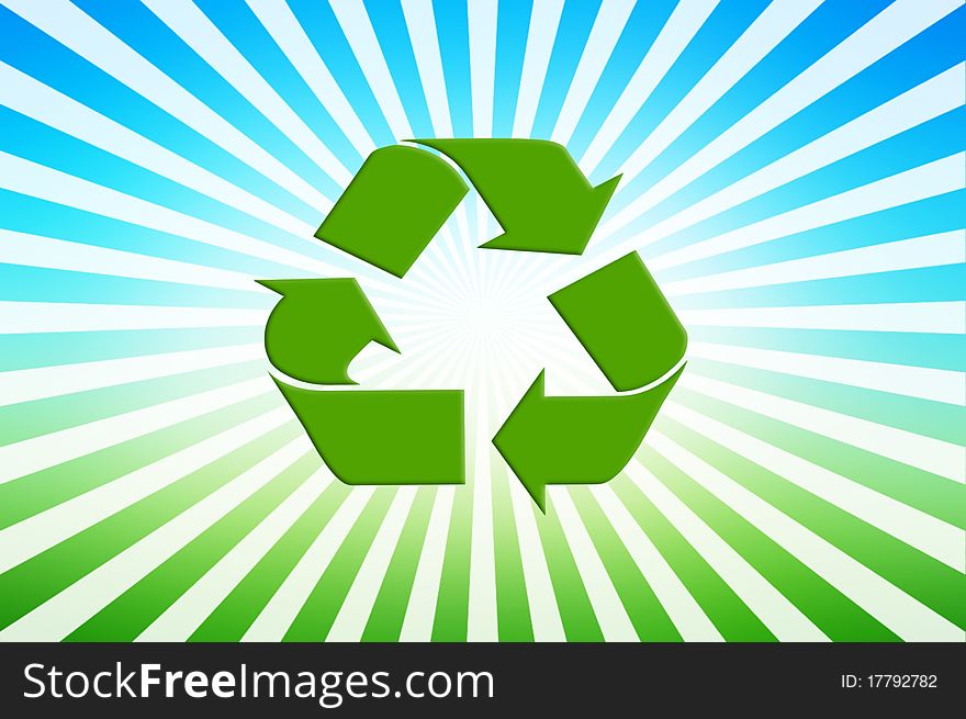 Recycling symbol with sun rays in blue and green